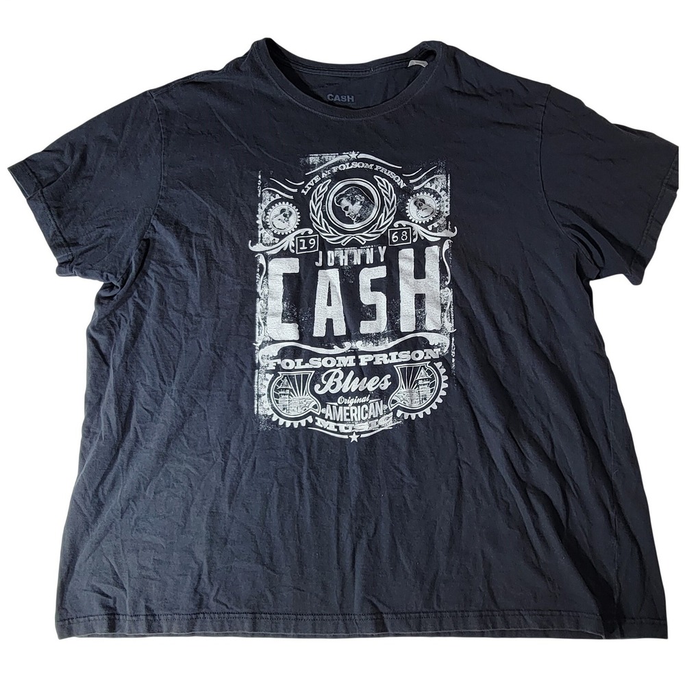 Johnny Cash Folsom Prison Blues Graphic T-Shirt Black Mens 4XL Cotton Band Tee